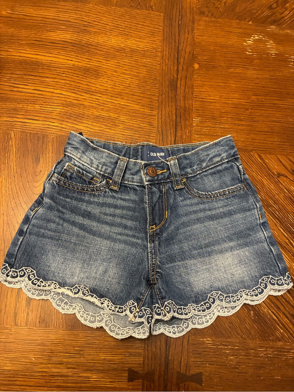 Old Navy Blue Denim Shorts with White Lace Hem